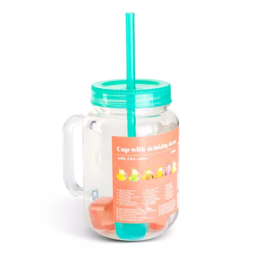 Szívószálas pohár - zöld - 4 db hűthető jégkockával, 550ml,  17 x 7.5 x 13.5 cm (57160R)