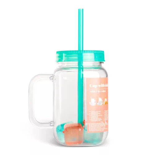 Szívószálas pohár - zöld - 4 db hűthető jégkockával, 550ml,  17 x 7.5 x 13.5 cm (57160R)