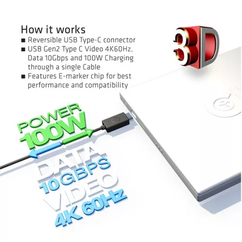 Club 3D Kábel - CAC-1522 (3.1 USB-C Gen 1 to 3.1 USB-C Gen 1, 10Gbps, 100W PD, 4K60Hz, M/M, 0,8m)