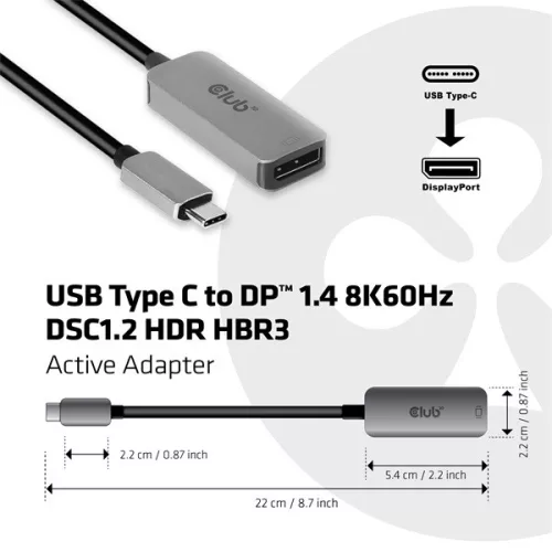 Club 3D Átalakító - CAC-1567 (USB-C to DisplayPort 1.4, 8K60Hz, DSC 1.2, HDR, HBR3)