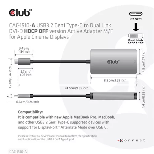 Club 3D Átalakító - CAC-1510-A (3.2 USB-C Gen 1 to DVI-D Dual Link, HDCP OFF, 4K30Hz)