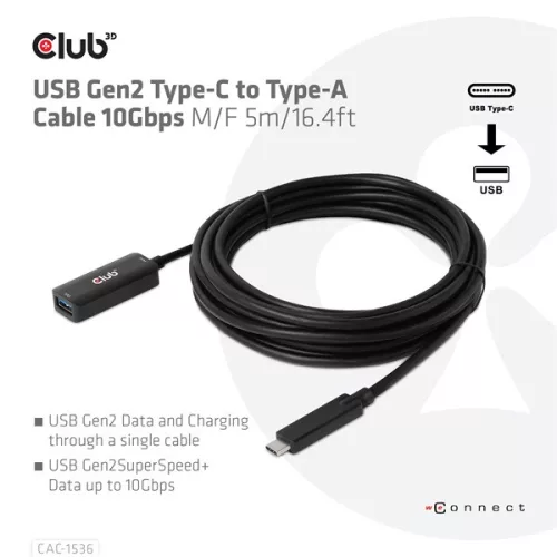 Club 3D Kábel - CAC-1536 (USB-C Gen 2 to USB-A, 10Gbps, M/F, 5m)