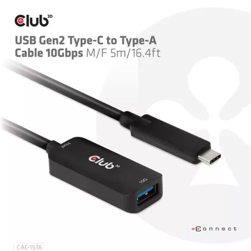 Club 3D Kábel - CAC-1536 (USB-C Gen 2 to USB-A, 10Gbps, M/F, 5m)