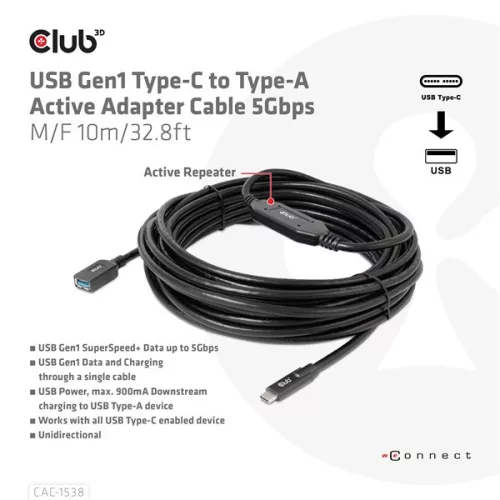 Club 3D Kábel - CAC-1538 (USB-C Gen 1 to USB-A, 5Gbps, 10m)