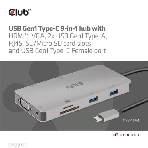 Club 3D USB Hub - CSV-1594 (3.1 USB-C Gen 1 to HDMI, 2xUSB-A Gen 1, USB-C Gen 1, VGA, SD, Micro SD 3.0, RJ45, 3,5 Jack)