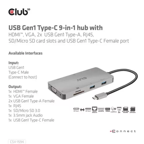 Club 3D USB Hub - CSV-1594 (3.1 USB-C Gen 1 to HDMI, 2xUSB-A Gen 1, USB-C Gen 1, VGA, SD, Micro SD 3.0, RJ45, 3,5 Jack)