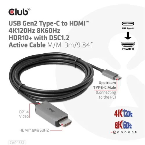 Club 3D Kábel - CAC-1587 (USB-C Gen 2 to HDMI, 4K120HZ 8K60HZ, HDR10+, DSC1.2, 3m, aktív)