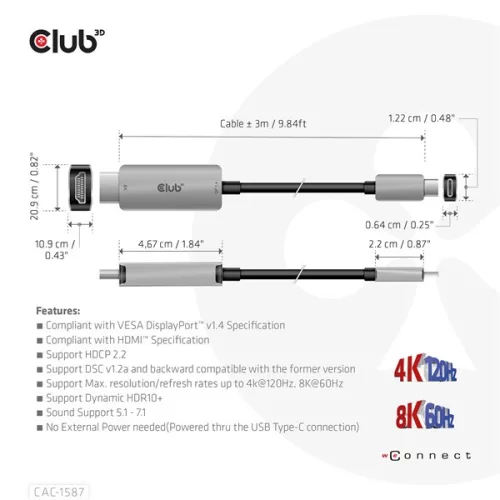 Club 3D Kábel - CAC-1587 (USB-C Gen 2 to HDMI, 4K120HZ 8K60HZ, HDR10+, DSC1.2, 3m, aktív)