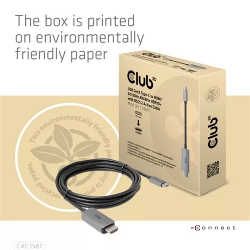 Club 3D Kábel - CAC-1587 (USB-C Gen 2 to HDMI, 4K120HZ 8K60HZ, HDR10+, DSC1.2, 3m, aktív)