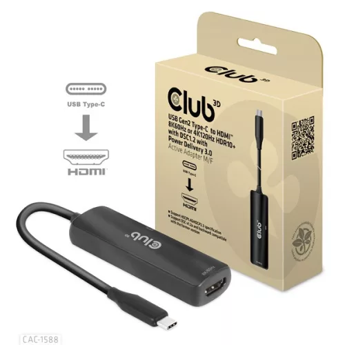 Club 3D Átalakító - CAC-1588 (USB-C Gen 2 to HDMI 4K120Hz, HDR10, DSC 1.2, USB-C 100W PD3.0, aktív)