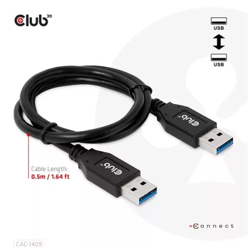 Club 3D kábel - CAC-1409 (USB-A Gen2, M/M, 10Gbps, 3A, 15W, 5V/3A, 0.5m)