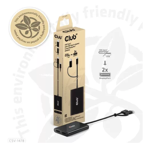 Club 3D Video Splitter - CSV-1478 (4K60HZ, 3.2 USB-C (USB-A adapterrel) to 2xDisplayPort)