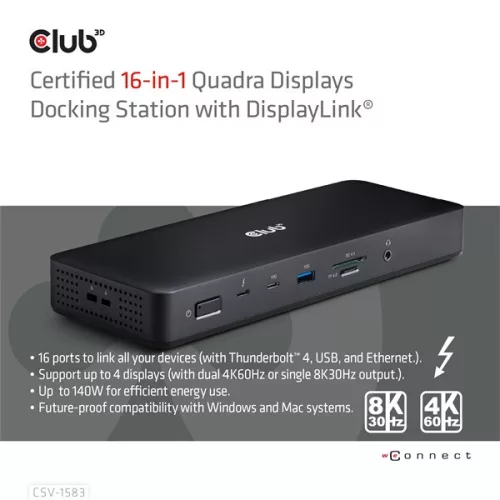 Club 3D Notebook Dokkoló - CSV-1583 (140W, 2xThunderbolt 4, 3xDP, 2xHDMI, USB-C, 3xUSB-A, SD, TF, RJ45, 3,5 Jack, DC)