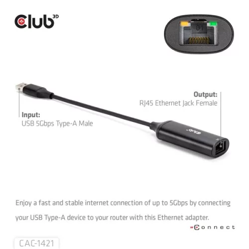 Club 3D Átalakító - CAC-1421 (USB-A to RJ45, 5 GBps, M/F)