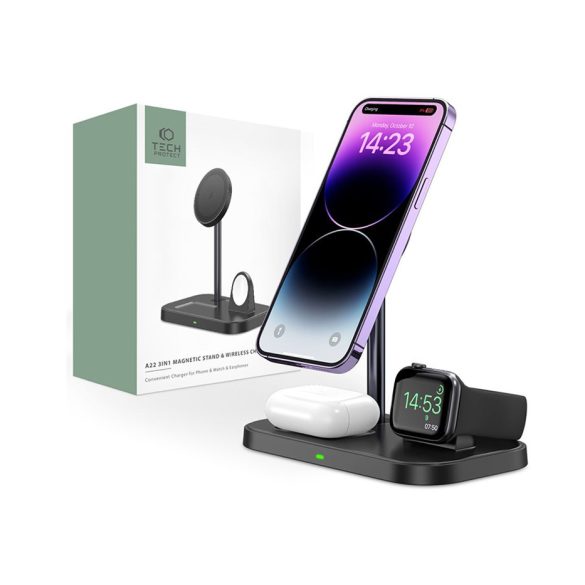 Tech-Protect Qi univerzális vezeték nélküli töltő állomás - 15W - Tech-Protect  A22 3in1 Wireless Charger for Phone + Watch + Earphone - fekete