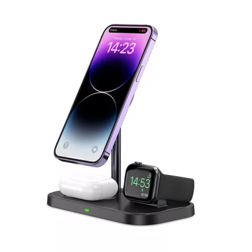 Tech-Protect Qi univerzális vezeték nélküli töltő állomás - 15W - Tech-Protect  A22 3in1 Wireless Charger for Phone + Watch + Earphone - fekete