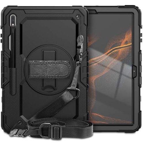 Samsung SM-T970/T976 Galaxy Tab S7+ / SM-X800/X806 Tab S8+ 12.4 ütésálló tablet tok 360 fokos védelemmel, 4H kijelzővédő üveggel - Tech-Protect Solid - fekete  (ECO csomagolás)