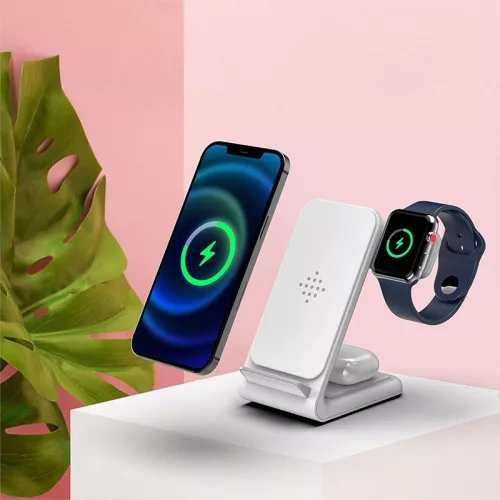 Tech-Protect Qi univerzális vezeték nélküli töltő állomás - 15W - Tech-Protect  A20 3in1 Wireless Charger for Phone + Watch + Earphone - fehér