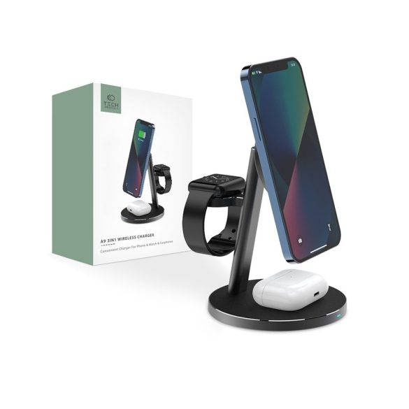 Tech-Protect Qi univerzális vezeték nélküli töltő állomás - Tech-Protect A9 3in1Wireless Charger for Phone + Watch + Earphone - fekete