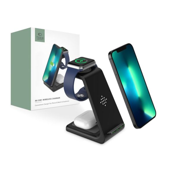 Tech-Protect Qi univerzális vezeték nélküli töltő állomás - Tech-Protect A8 3in1Wireless Charger for Phone + Watch + Earphone - fekete