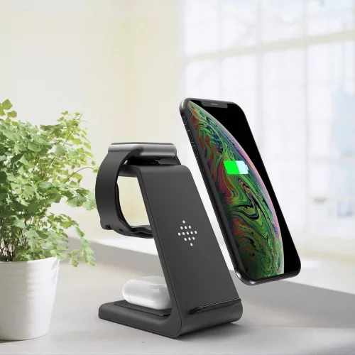 Tech-Protect Qi univerzális vezeték nélküli töltő állomás - Tech-Protect A8 3in1Wireless Charger for Phone + Watch + Earphone - fekete