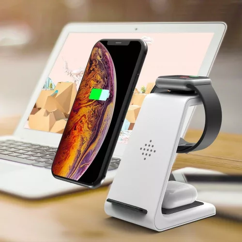 Tech-Protect Qi univerzális vezeték nélküli töltő állomás - Tech-Protect A8 3in1Wireless Charger for Phone + Watch + Earphone - fehér