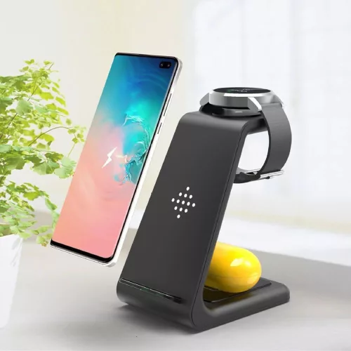 Tech-Protect Qi univerzális vezeték nélküli töltő állomás - Tech-Protect A7     3in1Wireless Charger for Phone + Samsung Galaxy Watch + Earphone - fekete