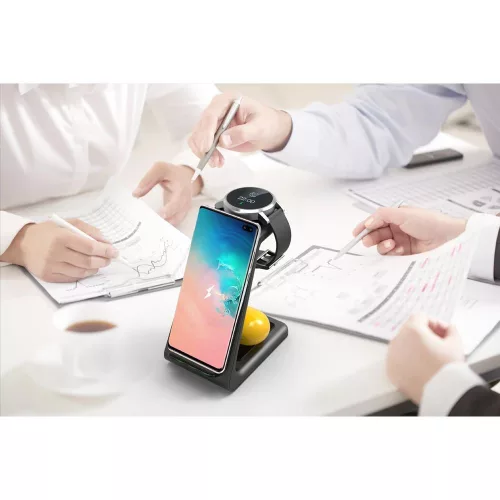 Tech-Protect Qi univerzális vezeték nélküli töltő állomás - Tech-Protect A7     3in1Wireless Charger for Phone + Samsung Galaxy Watch + Earphone - fekete