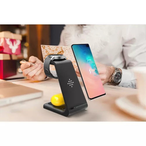 Tech-Protect Qi univerzális vezeték nélküli töltő állomás - Tech-Protect A7     3in1Wireless Charger for Phone + Samsung Galaxy Watch + Earphone - fekete