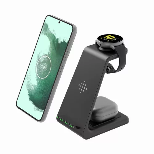 Tech-Protect Qi univerzális vezeték nélküli töltő állomás - Tech-Protect A7     3in1Wireless Charger for Phone + Samsung Galaxy Watch + Earphone - fekete