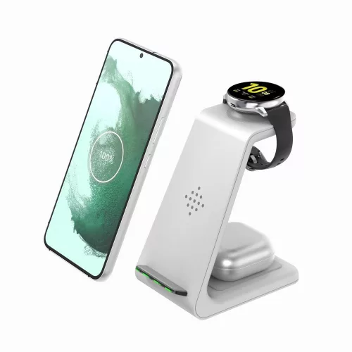 Tech-Protect Qi univerzális vezeték nélküli töltő állomás - Tech-Protect A7     3in1Wireless Charger for Phone + Samsung Galaxy Watch + Earphone - fehér