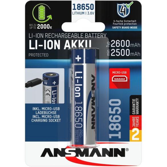 ANSMANN 18650 Li-ion 2600mAh védett akkumulátor USB töltéssel
