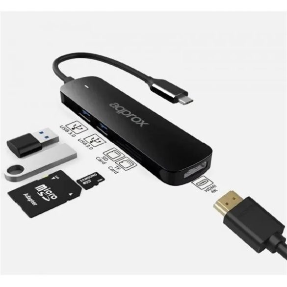 APPROX USB HUB - Type-C 5in1 HUB (2db USB3.0, 1db MicroSD 1db SD kártya, 1db HDMI 4k30Hz) Fekete