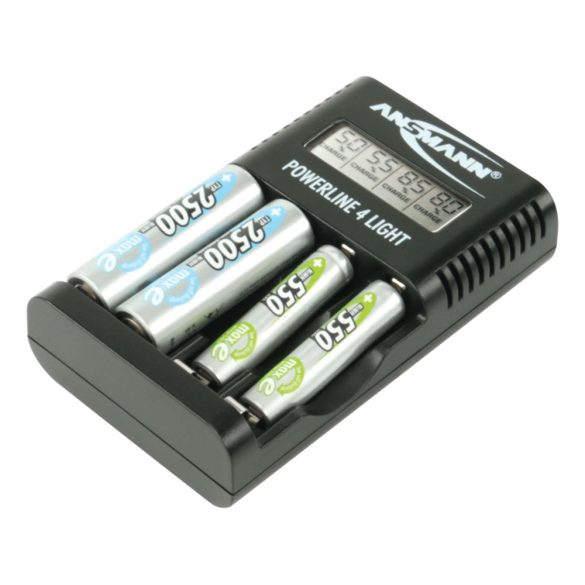 ANSMANN akkumulátortöltő 4x AA és AAA NiMH akkuhoz - cellafigyelés / csepptöltés / LCD / USB Powerline 4 light