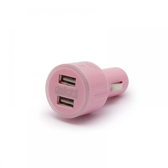 DeLight autós szivargyújtós adapter 2 USB aljzattal (pink) (55028PK)