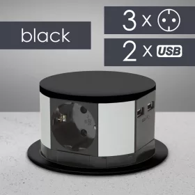   DeLight süllyeszthető 3-as elosztó és USB - fekete (20433BK)