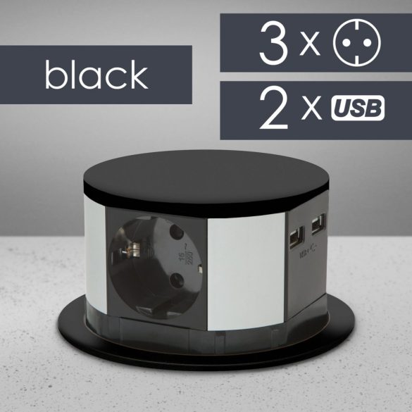 DeLight süllyeszthető 3-as elosztó és USB - fekete (20433BK)