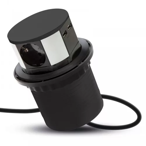 DeLight süllyeszthető 3-as elosztó és USB - fekete (20433BK)