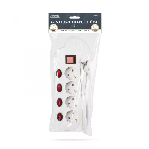 Delight 4-es elosztó - 4+1 kapcsolóval - 250 V • 16 A - 1,5 m (20247B)