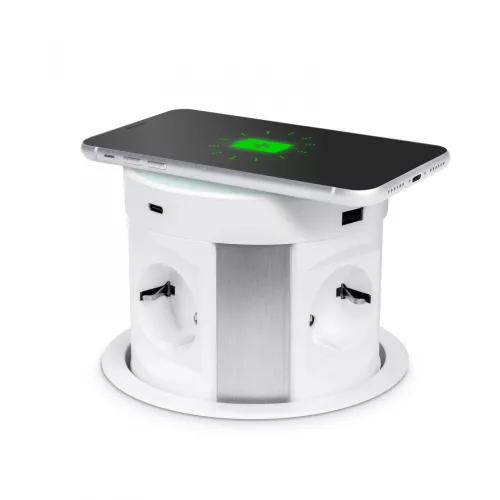 Delight Rejtett elosztó - 4-es + vezeték nélküli töltés + 2xUSB + 2xType-C - fehér (20434WH)
