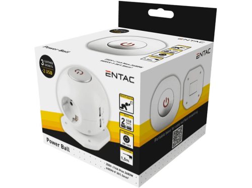 Entac ESC1.5G3-USB-GLOBE gömb elosztó 3 foglalattal, 2x2.1a usb-vel kapcsolóval 1.5m 3g1.5