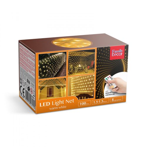 Family LED-es fényháló - 100 db melegfehér LED-del - 1,5 x 1,5 m - 230V - távirányítós (58908A)