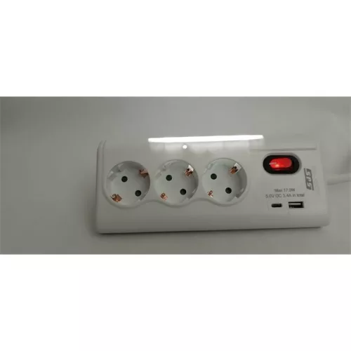 SPS hálózati elosztó 3 Schuko + 1 USB-A + 1 USB-C