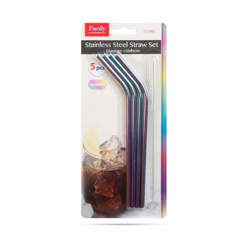 Rozsdamentes acél szívószál szett - titán szivárványos - 215 x 6 mm - 5 részes (57590)