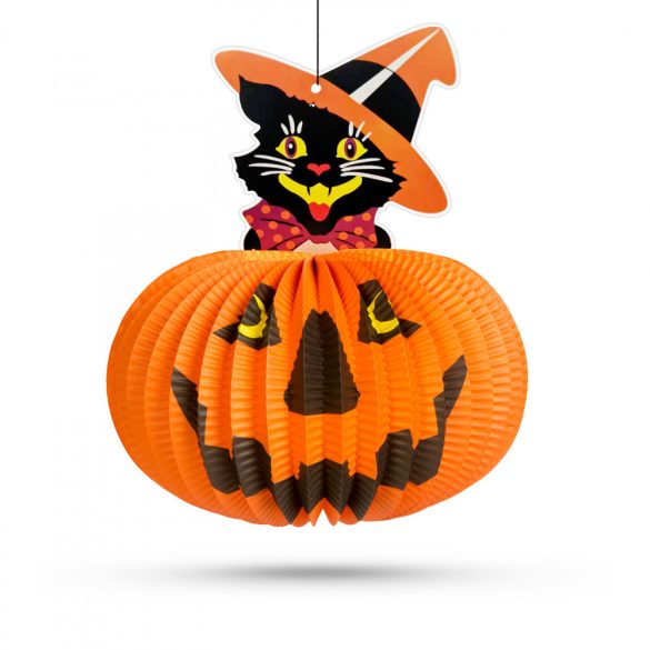 Halloween-i tökös lampion - macskával - akasztható - 26 cm (58137A)
