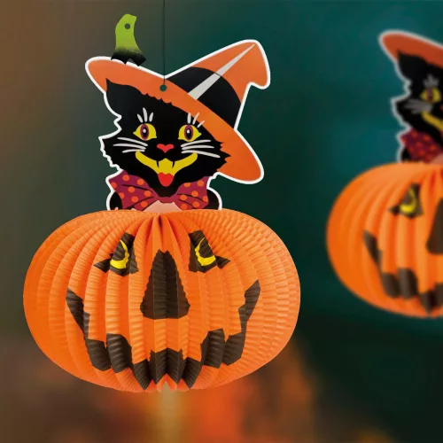 Halloween-i tökös lampion - macskával - akasztható - 26 cm (58137A)