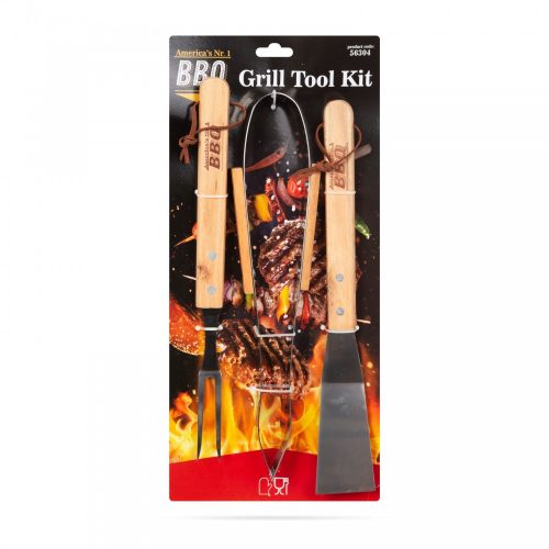 Grillező eszköz szett - 3 db-os - fa nyéllel (56304)