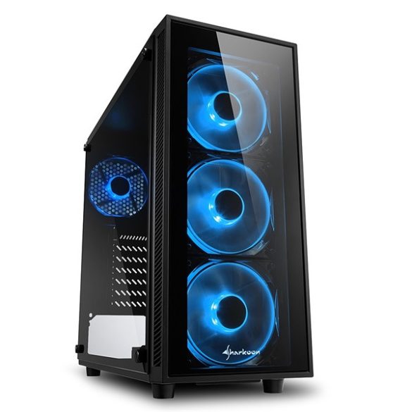 Sharkoon Számítógépház -  TG4 Blue (fekete; üveg oldal; alsó táp; ATX; 4x120mm kék led; 2xUSB3.0; I/O)