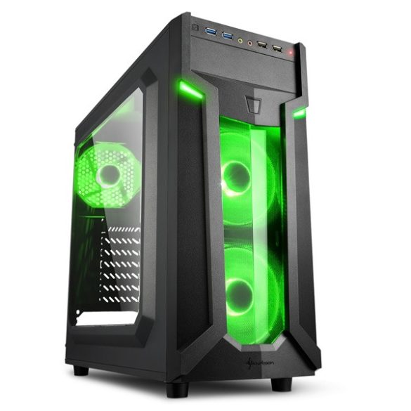 Sharkoon Számítógépház - VG6-W Green (fekete; ATX,mATX; alsó táp; Zöld Led 3x120mm v.; 2xUSB3.0 + 2xUSB2.0; I/O)