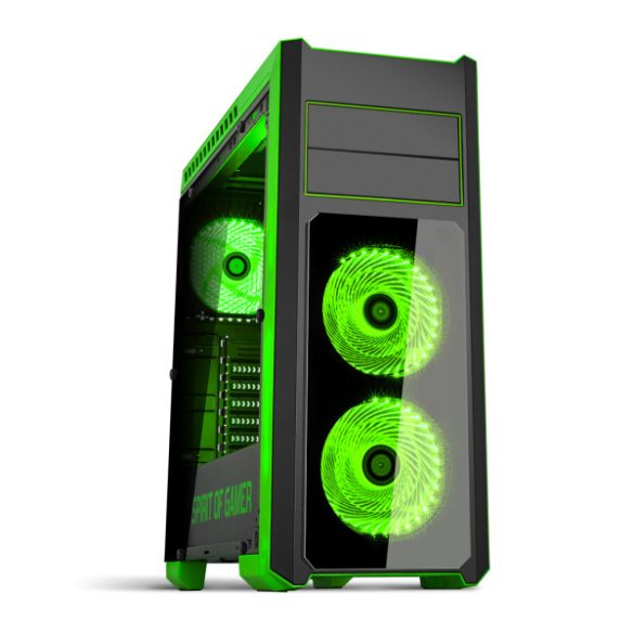 Spirit of Gamer Számítógépház - ROGUE 3 Green (fekete, ablakos, 3x12cm ventilátor, ATX, mATX, 2xUSB3.0, 2xUSB2.0)